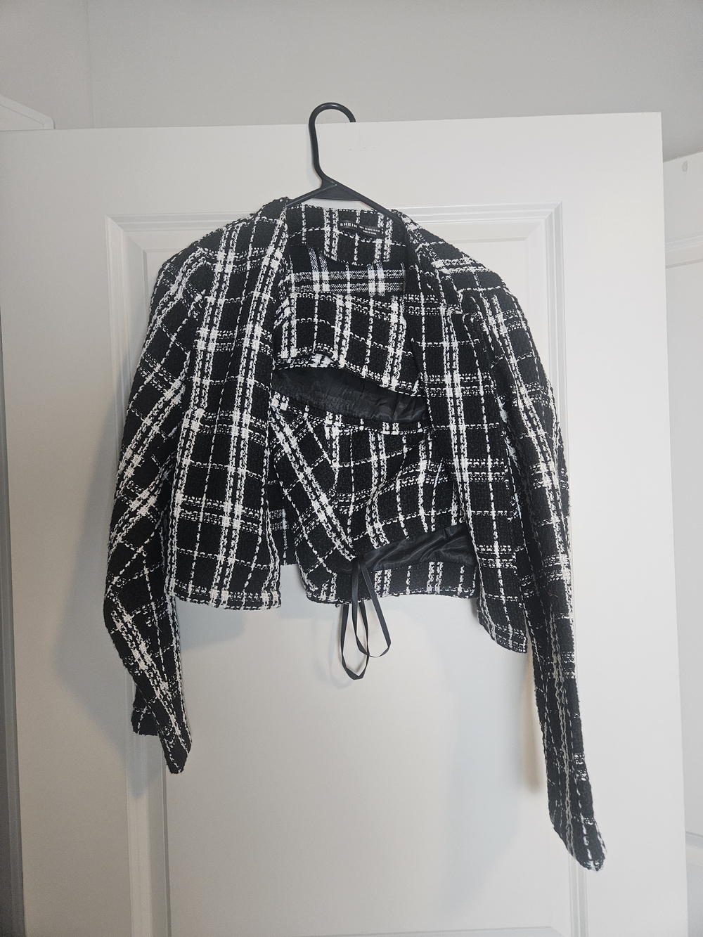 SHEIN Black and White Plaid Cropped Blazer And skirt